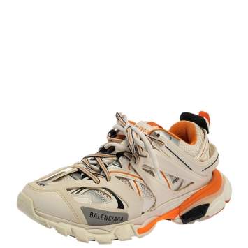 Pre Owned Balenciaga White/Orange Leather And Mesh Track Sneakers Size 40