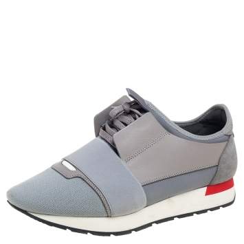 Pre Owned Balenciaga Grey Knit And Leather Race Runner Sneakers Size 40