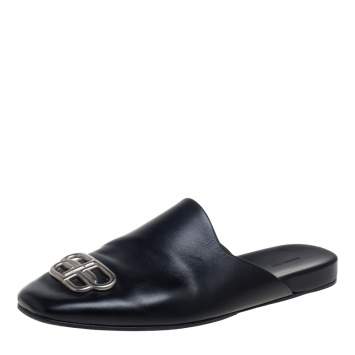 Pre Owned Balenciaga Black Leather Cosy BB Logo Embellished Mule Sandals Size 43