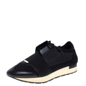 Pre Owned Balenciaga Black Leather, Mesh and Neoprene Race Runner Sneakers Size 40