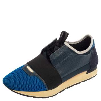 Pre Owned Balenciaga  Blue/Black Mesh And Leather Race Runner Sneakers Size 42