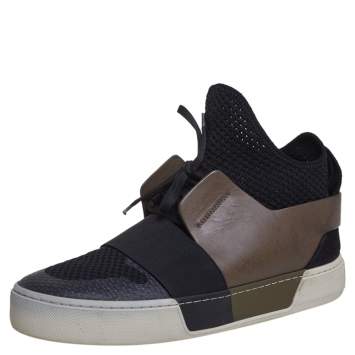 Pre Owned Balenciaga Black/Brown Mesh And Leather Lace Up High Top Sneakers Size 40