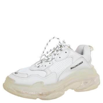 Pre Owned Balenciaga Grey Leather And Mesh Triple S Clear Sole Sneakers Size 43