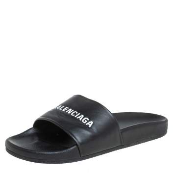 Pre Owned Balenciaga Black Leather Logo Slide Sandals Size 42