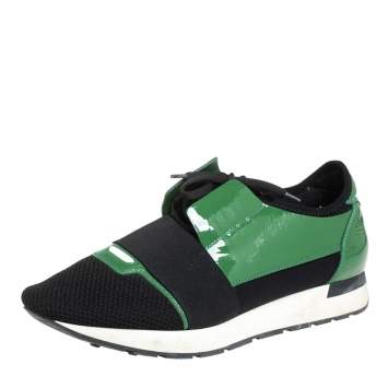 Pre Owned Balenciaga Black/Green Mesh And Patent Leather Race Runner Lace Up Sneakers Size 42
