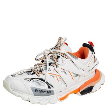 Pre Owned Balenciaga White /Orange Leather And Mesh Track Sneakers Size 41
