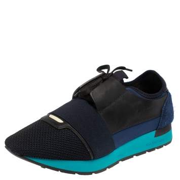 Pre Owned Balenciaga Blue/Black Mesh And Leather Race Runner Low Top Sneakers Size 42