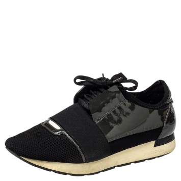 Pre Owned Balenciaga Black/Olive Green Mesh And Patent Leather Race Runner Sneakers Size 42
