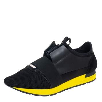 Pre Owned Balenciaga Black Mesh And Leather Race Runner Low Top Sneakers Size 45