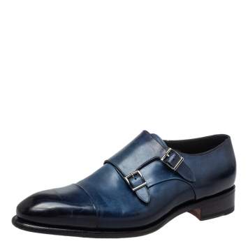 Pre Owned Santoni Blue Leather Double Buckle Derby Monk Size 46