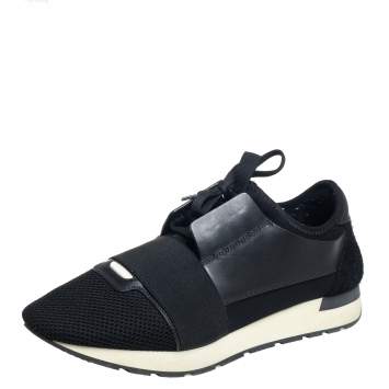 Pre Owned Balenciaga Black Mesh And Leather Race Runner Low Top Sneakers Size 42