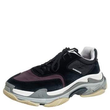 Pre Owned Balenciaga Black/Maroon Nylon And Suede Triple S Low Top Sneakers Size 45