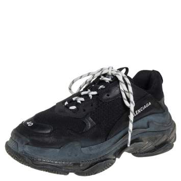 Pre Owned Balenciaga Black Leather and Mesh Triple S Sneakers Size 40