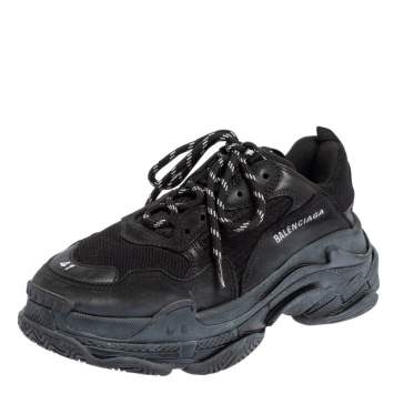 Pre Owned Balenciaga Black Mesh And Leather Triple S Sneakers Size 41