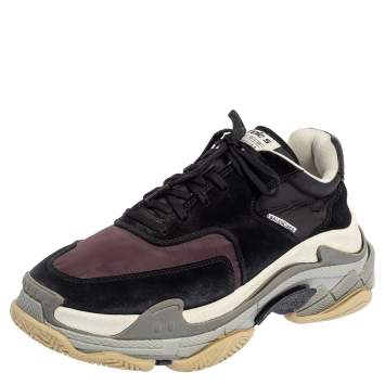 Pre Owned Balenciaga Burgundy/Black Nylon And Suede Triple S Sneakers Size 41