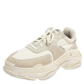 Pre Owned Balenciaga White Nylon And Suede Triple S Sneakers Size 41
