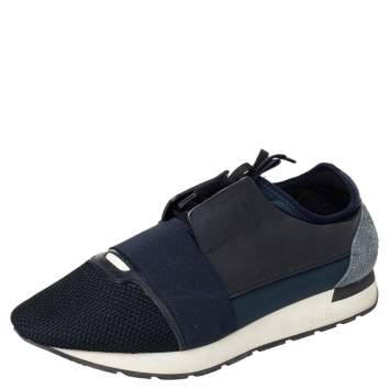 Pre Owned Balenciaga Blue Mesh And Leather Race Runner Low Top Sneakers Size 43