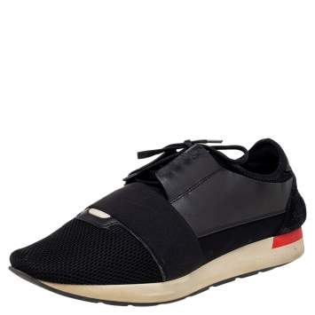 Pre Owned Balenciaga Black Mesh And Leather Race Runner Low Top Sneakers Size 44