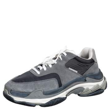 Pre Owned Balenciaga Grey/Black Leather, Nylon, And Suede Triple S Low Top Sneakers Size 44