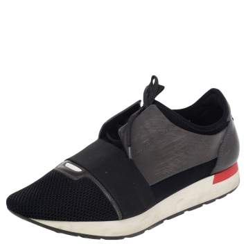 Pre Owned Balenciaga Black Mesh And Leather Race Runner Low Top Sneakers Size 42