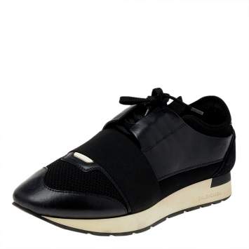 Pre Owned Balenciaga Black Mesh And Leather Race Runner Low Top Sneakers Size 41
