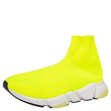Pre Owned Balenciaga Neon Green Knit Fabric Speed Trainer Slip On Sneakers Size 43