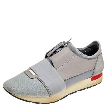 Pre Owned Balenciaga Grey Knit Fabric, Suede, And Leather Race Runner Low Top Sneakers Size 42