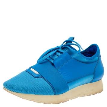 Pre Owned Balenciaga Blue Knit Fabric And Leather Race Runner Low Top Sneakers Size 41