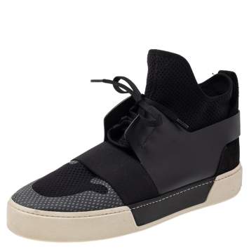 Pre Owned Balenciaga Black Knit Fabric And Leather Mid Top Sneakers Size 43
