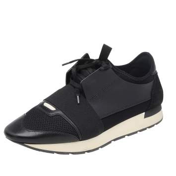 Pre Owned Balenciaga Black Mesh And Leather Race Runner Low Top Sneakers Size 42