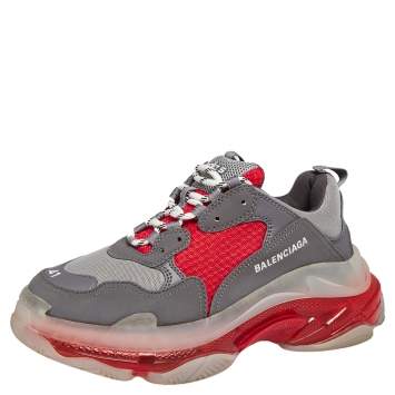 Pre Owned Balenciaga Grey/Red Leather And Mesh Triple S Low Top Sneakers Size 41