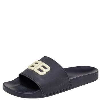 Pre Owned Balenciaga Black Rubber BB Logo Slide Sandals Size 45