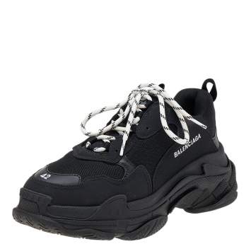 Pre Owned Balenciaga Black Leather And Mesh Triple S Sneakers Size 42