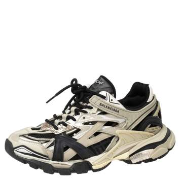 Pre Owned Balenciaga Beige/Black Leather and Mesh Track 2 Open Sneakers Size 41