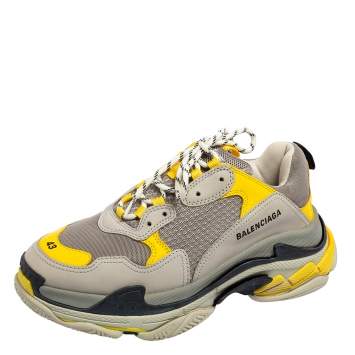 Pre Owned Balenciaga Grey/Yellow Leather, Mesh and Nubuck Triple S Trainer Sneakers Size 43