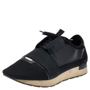 Pre Owned Balenciaga Black Leather and Mesh Race Runner Sneakers Size 42