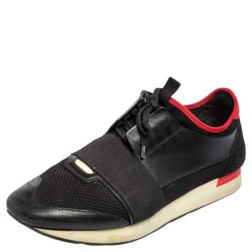 Pre Owned Balenciaga Black Mesh And Leather Race Runner Low Top Sneakers Size 45