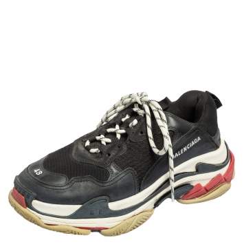 Pre Owned Balenciaga Black Leather And Mesh Triple S Sneakers Size 43