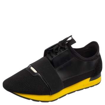مملوكة مسبقًا Balenciaga Black Mesh And Leather Race Runner Low Top Sneakers Size 45