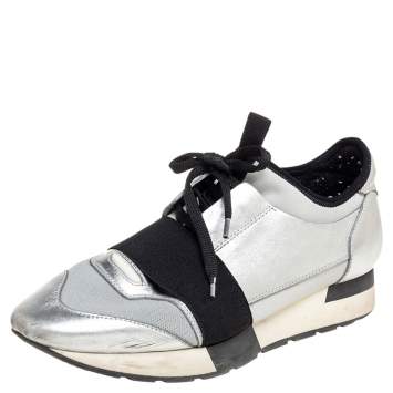 Pre Owned Balenciaga Silver/Grey Leather And Fabric Race Runner Sneakers Size 39
