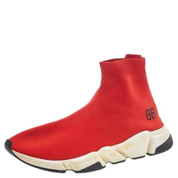 مملوكة مسبقًا Balenciaga Red Knit Fabric BB Speed Trainer Sneakers Size 43