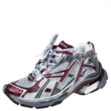 Pre Owned Balenciaga White/Burgundy Mesh And Synthetic Leather Runner Low Top Sneakers Size 42