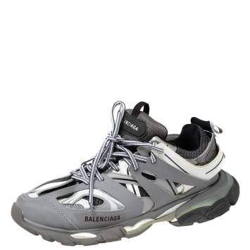Pre Owned Balenciaga Grey/Black Leather And Fabric Track Sneakers Size 43