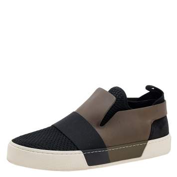 Pre Owned Balenciaga Black/Khaki Leather/Suede, and Knit Fabric Slip On Sneakers Size 43