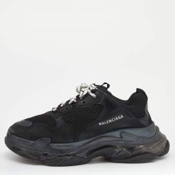 Pre Owned Balenciaga Black Mesh and Leather Triple S Sneakers Size 44