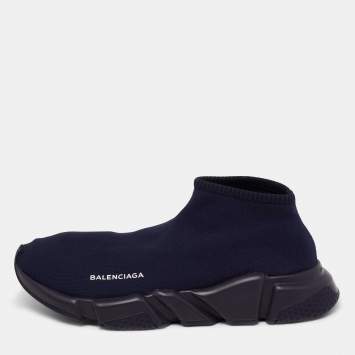 Pre Owned Balenciaga Navy Blue Knit Fabric Speed Trainers High Top Sneakers Size 44