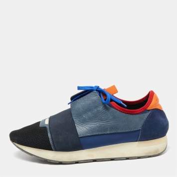 Pre Owned Balenciaga Multicolor Knit Fabric And Leather Race Runner Low Top Sneakers Size 42
