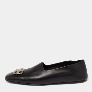 Pre Owned Balenciaga Black Leather Cosy BB Slip On Smoking Slippers Size 42 