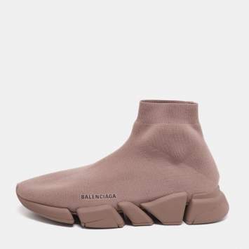 Pre Owned Balenciaga Light Brown Knit Fabric Speed Trainer High-Top Sneakers Size 45