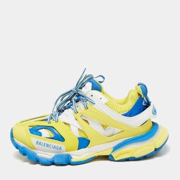 Pre Owned Balenciaga Yellow/Blue Mesh and Leather Track Low-Top Sneakers Size 40